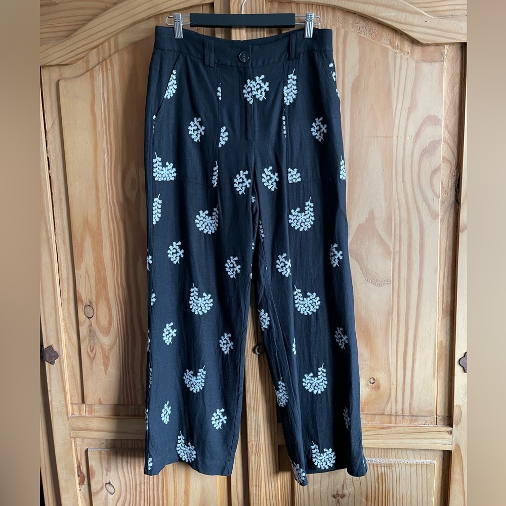 Elie Tahari Wide Leg Black Embroidered Linen Blend Pants Size 10